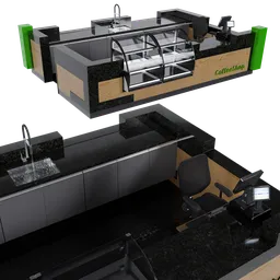 "3D model of a CoffeeShop in Blender 3D, featuring a sink and counter, with a black and green color scheme. Perfect for restaurant or bar scenes inspired by Cassius Marcellus Coolidge paintings. Available on UE Marketplace and compatible with Box Cutter."