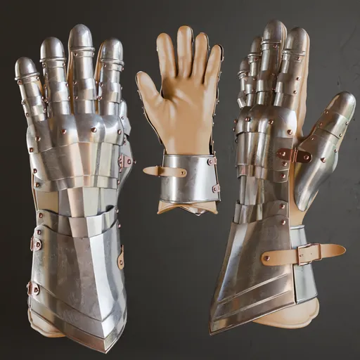 Detailed 3D model of metallic gauntlets with accurate anatomy and textures, ideal for Blender.