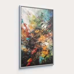 "Abstract colorful oil painting on canvas, perfect for room décor or wall decoration. High-resolution 4k render in Blender 3D with metal surfaces. Inspired by the works of Fritz Bultman and William Turner."