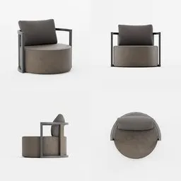 "3D model of a wooden and fabric armchair inspired by B&T Design | KAV, rendered in gun metal grey with 2k textures. Perfect for furniture design projects in Blender 3D. Visit bt.design for more inspiration."