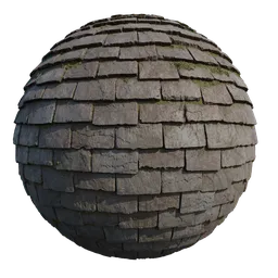 4K PBR Slate Roof Tiles material for 3D modeling in Blender, realistic texture with subtle moss detailing.
