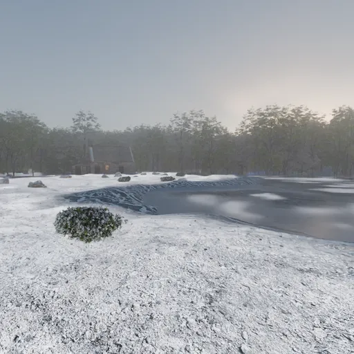 Foggy Winter Cabin Lake Scene