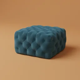 "Blue velvet ottoman with tufted detailing and cube-shaped design, perfect for interior renders in Blender 3D. Inspired by Claire Falkenstein and Pieter Franciscus Dierckx, this 3D model features a houdini algorhitmic pattern and skin pore detail, providing cozy aesthetics for any interior design project."