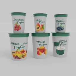 "Joghurt Tubs 3D models for Blender 3D - A set of 6 joghurt tubs in different flavors and sizes. Perfect for rendering in realistic or simplified style. Great addition to any inventory or refrigerated storage facility scene."