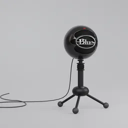 "Snowball Blue microphone: Logitech's high-quality 3D model for Blender 3D. Detailed, textured, and accurately unwrapped, this professional-grade replica captures the essence of a dark blue microphone on a tripod with a cord. Perfect for audio enthusiasts and content creators."