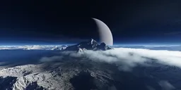 Dramatic extraterrestrial mountain terrain under a large crescent moon, shrouded in mist for 3D scene lighting.