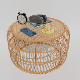 "Get comfortable with our Wooden Bed Side Table, complete with alarm clock, headphones, coffee cup, and books. This 3D model in Blender 3D is perfect for adding realism and style to your virtual bedroom. Designed with physical-based rendering and RTX rendering, this wicker table will impress even the most discerning eye."