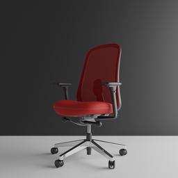 High-resolution Blender 3D model of an ergonomic red office chair with adjustable armrests and black casters.