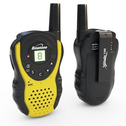 Realistic 3D model of yellow and black walkie talkies, optimized for Blender game development, AR, and VR applications.