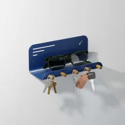 3D modeled navy keyholder with sunglasses and various keys, Blender compatible, detailed interior accessory.