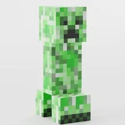 Pixelated green and grey Blender 3D model of a creeper from Minecraft video game.