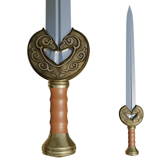 Detailed 3D model of an ornate sword with intricate hilt design, optimized for Blender rendering.