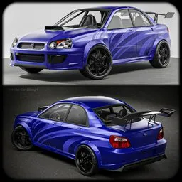 "Highly detailed racing version of a Subaru WRX 2005 3D model in Blender 3D. Features a mid-level detailed interior with roll cage and fenders added, metallic carpaint with flakes, and spoiler. Perfect for car racing enthusiasts and digital content creators alike."