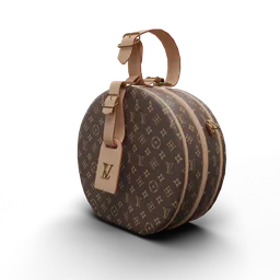 Highly detailed 3D round handbag model with monogram pattern and leather strap designed in Blender.