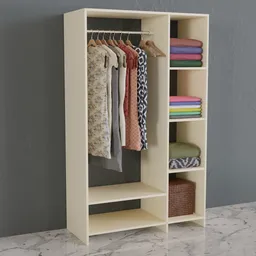 Detailed 3D-rendered model of an open wardrobe filled with various clothes and storage baskets, compatible with Blender.