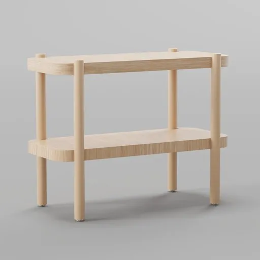 Oak veneer console table 3D model with dual shelves, Blender compatible, realistic textured design.