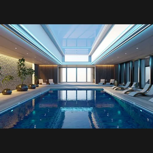 Realistic indoor pool 3D render with natural lighting and detailed textures suitable for Blender visualization.
