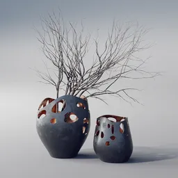 Two textured ceramic vases 3D model with intricate cutouts and twigs, designed for Blender artists.