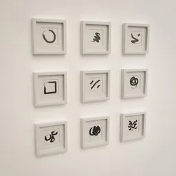 Nine minimalistic abstract art pieces within square frames modeled in Blender 3D.
