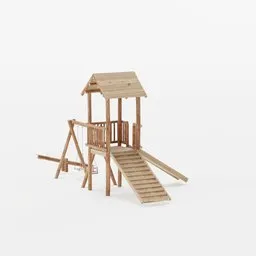 "Discover a detailed wooden play structure with a slide, roof, and underbrush wash in this NaturePlayground 3D model for Blender 3D. Perfect for creating vibrant outdoor scenes, this high-quality product photo by Louise Abbéma showcases the intricate craftsmanship. Enjoy the realistic design by Eizō Katō, featured on amiami, for your next Blender project."