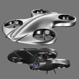 "Silver and black quadcopter drone concept, rendered in Blender 3D. Slim design with 150mp capability, ready for rigging and animating. Customizable body shaders."