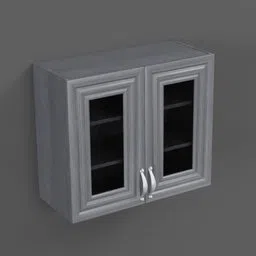 Detailed Blender 3D model of a wall-mounted kitchen cabinet with glass doors and metal handles.