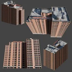 Optimized Blender 3D model of a light-structured hotel for efficient long-shot integration in public scene renderings.