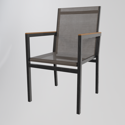 "Outdoor armchair 3D model made of wood and metal, perfect for pool and garden environments. Rendered in gunmetal grey with a wiry design and depth blur. Three-dimensional and featuring scratches, ideal for adding depth to garden scenes in Blender 3D software."