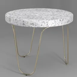 "Terrazo Coffee Table Round – White and gold 3D model with a marble top, featuring a speckled design and intricate details. Created using Blender 3D software, this highly detailed table render showcases a natural soft rim light and sunken recessed indented spots. Perfect for adding elegance to any digital interior design project."