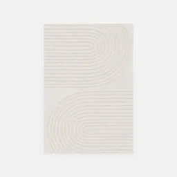 Textured 3D shaggy rug model, offwhite with intricate patterns, created for Blender rendering and interior design visualization.
