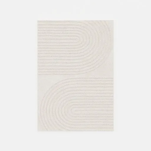 Textured 3D shaggy rug model, offwhite with intricate patterns, created for Blender rendering and interior design visualization.