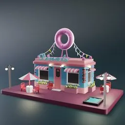 "Blender 3D model of a trendy public donut shop with outdoor seating and street lights. Inspired by Pearl Frush, this stylized miniature features a building adorned with a giant donut and made of lollipops. The perfect addition to your diner scene or sweet-themed project."