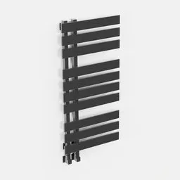 "Black asymmetrical towel radiator rendered in Blender 3D, incorporating design elements inspired by Donald Judd and Leon Wyczółkowski. This modern radiator features large arrays and oversized engineering, with a nod to the de stijl movement. Available as a 3D model on BlenderKit."