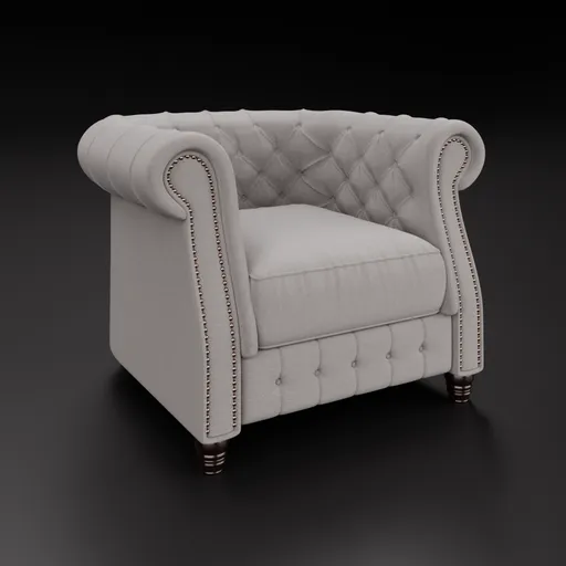 Realistic 3D model of a tufted chesterfield armchair with detailed textures ideal for Blender rendering.