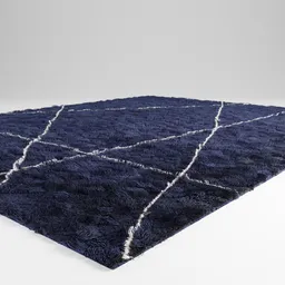 "Contemporary blue shaggy carpet with a white design, perfect for modern interiors. Infused with tone-on-tone color play, this 3D model features intricate detail and is ideal for making a big statement with simplicity. Created with Blender 3D."