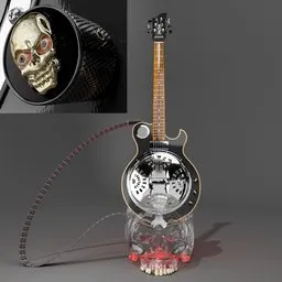"Harley Benton Custom Line Resoking BK, a 3D model of a resonator guitar with a skull head and exposed wiring and gears, rendered with photorealistic HD quality. Perfect for music and rock star themed projects in Blender 3D."