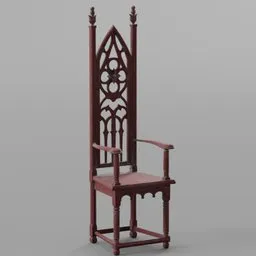 Intricate red wooden chair 3D model with gothic-inspired backrest design, created for Blender rendering.