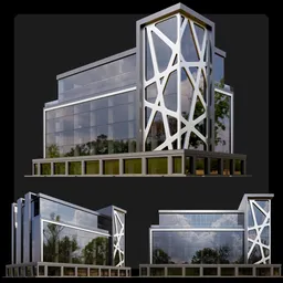 3D Blender model of a modern glass building with distinctive voronoi-patterned structure, reflecting urban elegance.