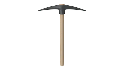 Detailed 3D pickaxe model with textured handle and metal head, suitable for Blender rendering.