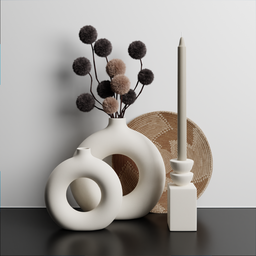 Alt text: "Nordic-inspired 3D model of dry grass in a donut vase and candle on a table. Rendered with path-based unbiased rendering, the white and grey color palette complements the round shapes and minimalist style, inspired by Oluf Høst. Perfect for Blender 3D nature indoor projects."