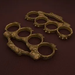 Detailed 3D render of aged golden brass knuckles with intricate designs, compatible with Blender software.