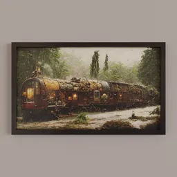 Detailed 3D model of an antique train in a forest, showcasing rust and nature's takeover, created in Blender.