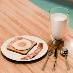 Detailed 3D render of a breakfast setup with egg on toast, bacon, and milk on a wooden table.