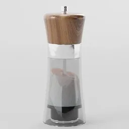 Detailed 3D model of a modern salt shaker with a wooden top and transparent body designed in Blender.