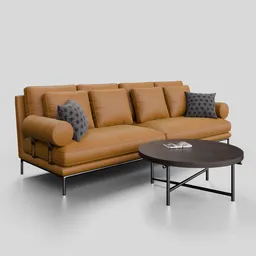 Detailed 3D Blender model of a modern leather sofa with patterned cushions and a sleek coffee table.