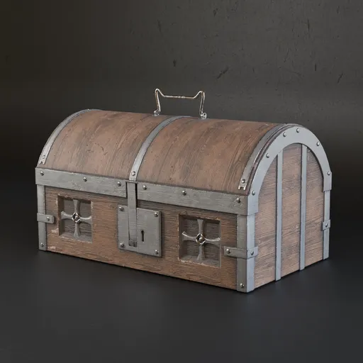 Highly detailed 3D model of an old wooden chest with metallic accents, ideal for game environments, created using Blender.