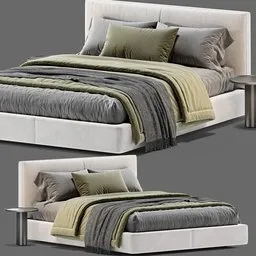 High-quality Blender 3D model of a modern bed with detailed textures, rendered in Cycles, showcasing unwrapped meshes.