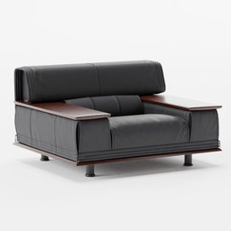 "Vivente Leather Sofa in black with wooden arm, perfect for 3D modeling in Blender. Rendered beautifully with Redshift and inspired by the mid-century modern style of Mad Men. Create stunningly realistic interior designs with this large and comfortable sofa."