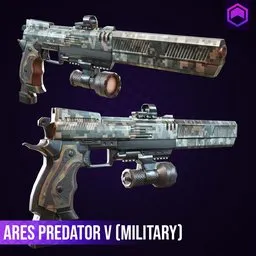 Highly detailed military-style 3D sniper rifle and handgun models for Blender, game-ready design.