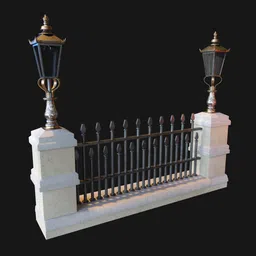 Detailed 3D Victorian street fence model with lanterns, designed for Blender, high-quality textures, suitable for historic scenes.